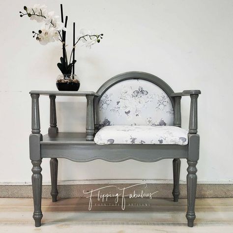 Perfect Gray Gossip Chair | General Finishes Design Center Fusion Paint Projects, Gossip Chair, Gossip Bench, Milk Paint Colors, Phone Table, General Finishes, Chair Makeover, Chalk Paint Furniture, Refurbished Furniture