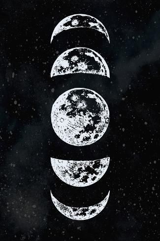 size: 18x12in Art Print: Moon Phases Black Sky by Kimberly Allen : Moon Phases Drawing, White Art Painting, Full Moon Pictures, Moon Stars Art, Moon Phases Art, Navy And Copper, Cute Little Tattoos, Black Sky, Moon Poster