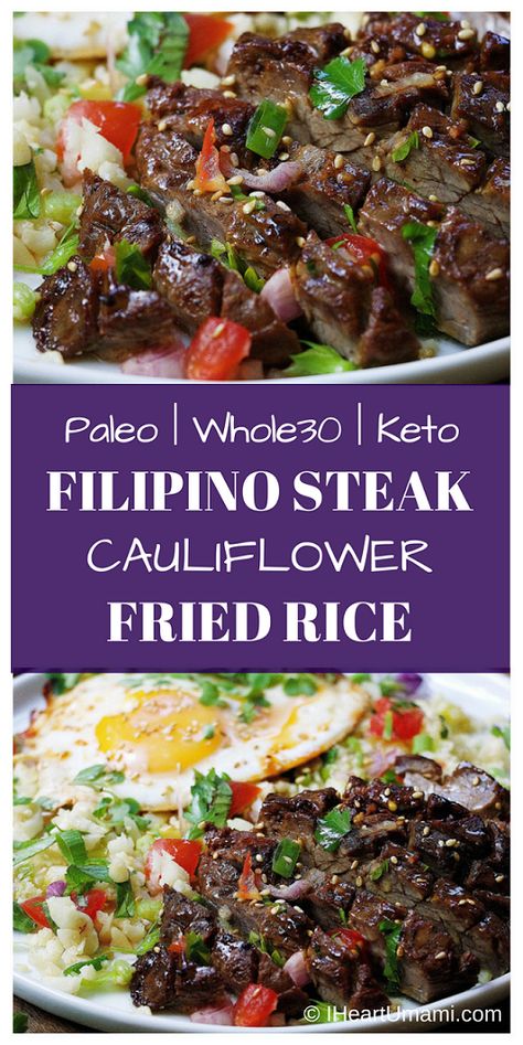 Paleo Filipino Skirt Steak Cauliflower Fried Rice ! Low carb cauliflower fried rice with gluten-free steak marinade pan seared in cast iron skillet. Add this easy healthy recipe to your Paleo, Keto, and Whole30 meal plan. Follow the link for quick video tutorial + print the recipe !  via @iheartumami Steak Cauliflower, Paleo Cauliflower Fried Rice, Paleo Rice, Whole30 Meal Plan, Seared Salmon Recipes, Skirt Steak Recipes, Whole 30 Meal Plan, Cauliflower Fried, Cibo Asiatico