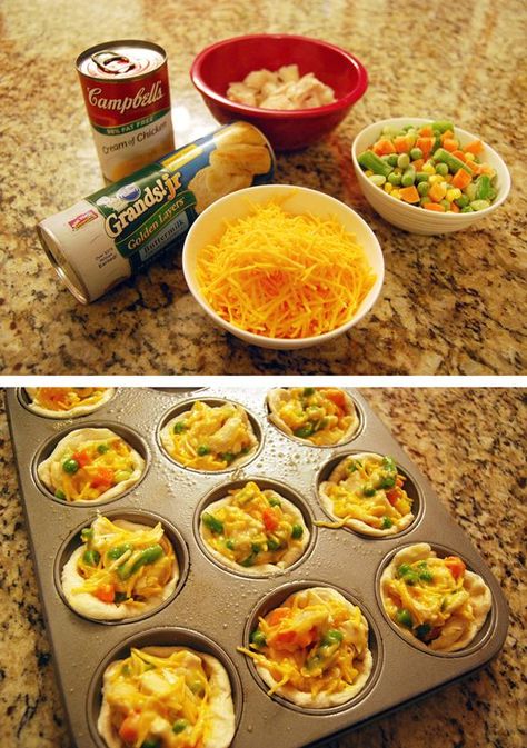 Pot Pie Cupcakes, Chicken Pot Pie Cupcakes, Biscuit Chicken Pot Pie, Field Meals, Frozen Biscuits, Mini Chicken Pot Pies, Tin Recipes, Pie Cupcakes, Morning Brunch