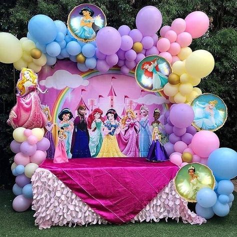 Purple Princess Birthday Party, Disney Princess Decorations Party, Princess Third Birthday Party, Disney Princess Balloon Arch, Disney Princess Balloon Garland, Disney Princess Party Ideas Decorations, Princess Theme Birthday Party Decoration, Princess Party Ideas Decorations, Princess Decorations Party