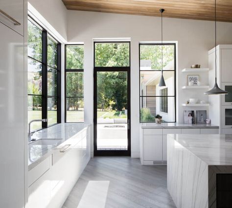 White Kitchen, black frame windows and door, light filled and airy // Timpanogos Estate | Kolbe Windows & Doors Kitchen Black Windows, Toilet Door Design, French Doors Exterior, Toilet Door, Kitchen Black, Black Windows, Kitchen Doors, Design Del Prodotto, 3d Warehouse