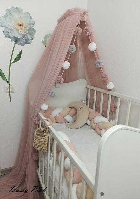 Create a magical play area right in your home. - The canopy protects against sunlight, insects, drafts, dust, and pet hair. - Makes the crib cozy and beautiful. -Creates a sense of security and helps your baby not to be distracted by external factors. Canopy Nook, Baby Crib Canopy, Girls Canopy, Hanging Crib, Baby Crib Bedding Sets, Crib Canopy, Tulle Veil, Baby Room Inspiration, Girl Cribs