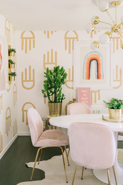 Dining Room Refresh, Rustic Closet, Pink Dining Rooms, Pink Chairs, Room Refresh, Hand Painted Wallpaper, A Beautiful Mess, Swivel Chairs, Pink Chair