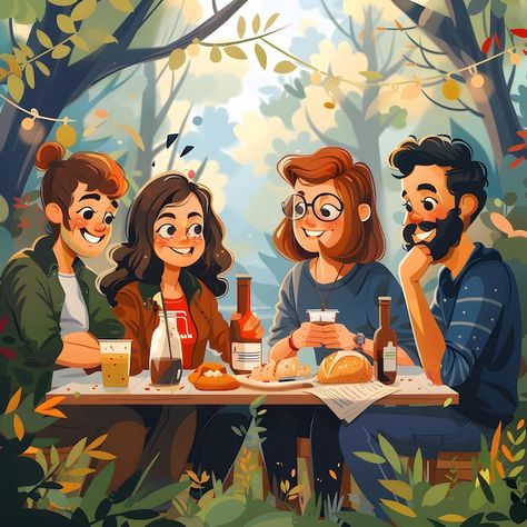 Photo group of friends on a picnic vecto... | Premium Photo #Freepik #photo Group Of Friends Illustration, Friends On A Picnic, Friends Illustration, Photo Grouping, Drawings Of Friends, Friends Gathering, Group Of Friends, A Picnic, Group Photos