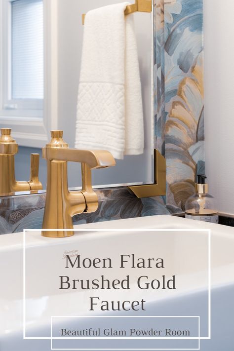 Moen Brushed Gold, Powder Room Refresh, Glam Powder Room, Moen Faucet, Gold Faucet, Powder Room Makeover, With Wallpaper, Room Refresh, Gold Bathroom