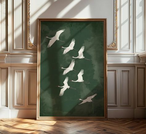 Flying Cranes Japandi Style Print Green White Bird Image PRINTABLE Digital Download Elegant Gallery Wall Art Vintage Japanese Style Artwork - Etsy Organized Decor, Elegant Gallery Wall, Japandi Art, Retro Painting, Japandi Style, Style Japonais, Gallery Wall Art, Wall Art Vintage, White Bird