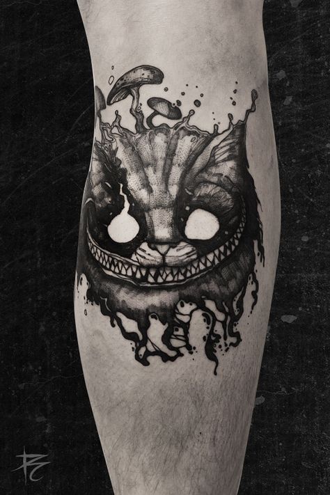 Unsettling Tattoo Ideas, Alice In Wonderland Horror Tattoo, Nightmare Tattoo, Dark Tattoos Creepy Beautiful, Alice In Wonderland Dark Tattoo, Dark Alice In Wonderland Tattoo Ideas, Creepy Animal Tattoo Ideas, Dark Fantasy Tattoo Ideas, Dark Themed Tattoos