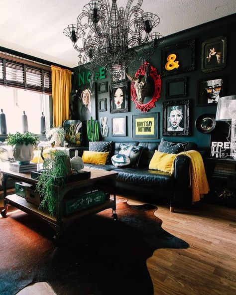 Dark moody maximalist living room / pop of colour / yellow living room / green living room /black living room Black Living Room Decor, Dark Living Rooms, Gallery Wall Inspiration, Black Living Room, Dark Home Decor, Gallery Wall Living Room, Eclectic Living Room, Gallery Walls, Stylish Living Room