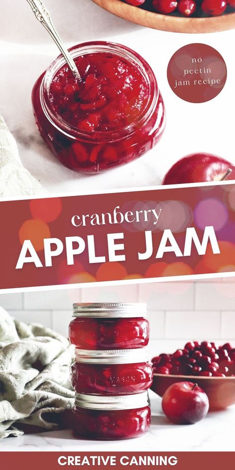 Cranberry Apple Jam Recipe for Canning: Jam Recipes for Canning - Looking for the best cranberry and apple jam? You've found it. This easy 4 ingredient jam recipe is made without pectin and is the perfect festive jam to make during winter. Winter Jam Recipes, Cranberry Apple Jam, Winter Canning, Easy Canning Recipes, Canning Cranberry, Apple Jam Recipe, Canning Fruit Recipes, Freezer Jams, Jam Ideas