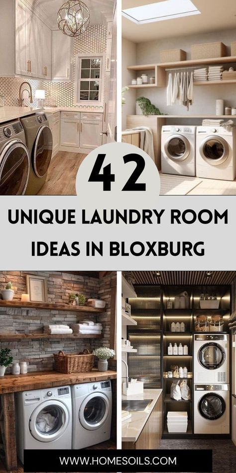 Elevate your Bloxburg builds with 42 unique laundry room ideas for style and function! Get inspired for your next design—click here for creative tips! Laundry Room With Island Layout, Laundry Room With Built Ins, Drop Zone And Laundry Room, Laundry Room Design Small Space, Amazing Laundry Rooms, Bathrooms With Laundry Area, Laundry Room Ideas With Cabinets, Laundry Room And Storage Room Combo, Laundry Room Set Up