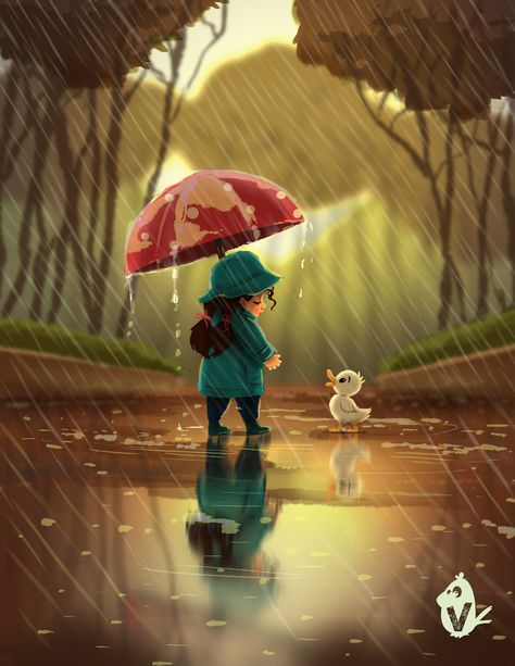 ArtStation - "Are you Lost, Ducky?", Vipin Jacob Rain Painting, Rain Art, Girls Wallpaper, Umbrella Art, Walking In The Rain, Cute Paintings, Cute Cartoon Pictures