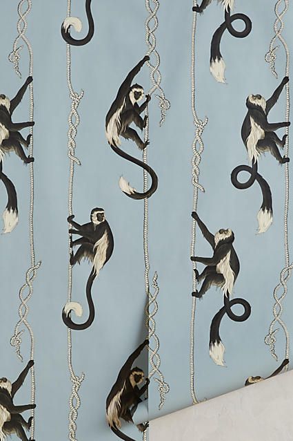 House of Hackney Jungle Vines Wallpaper Spirited Wallpaper, Jungle Vines, Vines Wallpaper, Grey And White Wallpaper, House Of Hackney, Monkey Wallpaper, Palm Leaf Wallpaper, Animal Print Wallpaper, Navy Wallpaper