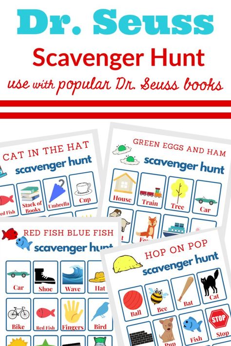 Whether as a reading and word recognition activity or as a game, this free Dr. Seuss Scavenger Hunt printable is always a hit with children of all ages. #drseuss #printable #scavengerhunt Dr Seuss Scavenger Hunt, Dr Seuss Game, Book Scavenger Hunt, Dr Seuss Preschool, Hop On Pop, Dr Seuss Activities, Dr Seuss Crafts, Scavenger Hunt Printable, Dr Seuss Books