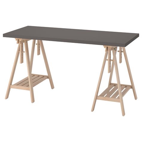 LAGKAPTEN / MITTBACK Desk, dark gray/birch, 55 1/8x23 5/8 ". Mix and match your choice of table top and legs – or choose this ready-made combination. Strong and light-weight, made with a technique that uses less raw materials, reducing the impact on the environment. Fiberboard. Modular Office, Art Studio Room, Ikea Desk, Ikea Family, White Desks, Ikea Furniture, Table Bar, Office Table, Work Table