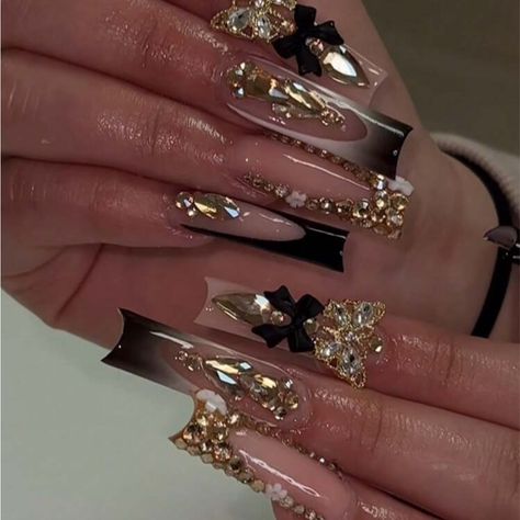 Super Cute And Stylish Ships In 5-10 Business Days Long Nail Designs Fall Colors, Xl Ballerina Nails Designs, Pastel Nails With Rhinestones, Black Encapsulated Nails, Long Nail Designs Coffin Bling, Black Gold White Nails, Gold And Black Quinceanera Theme, Black Blinged Out Nails, Full Black Nails