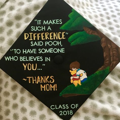 Winnie the Pooh grad cap I made :)   (Follow me on instagram @angie_mel) Disney Graduation Cap, Teacher Graduation Cap, Funny Graduation Caps, Creative Graduation Caps, Disney Graduation, College Grad Cap Ideas, Graduation Cap Decoration Diy, High School Graduation Cap, College Graduation Cap Decoration