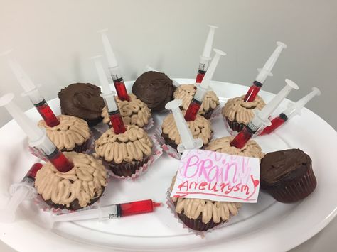 Brain cupcakes  With strawberry syringe Brain Cupcakes, Mad Scientist Birthday, Scientist Birthday, Strawberry Cupcakes, Mad Scientist, Halloween Party, Cupcake, Brain, Party Ideas