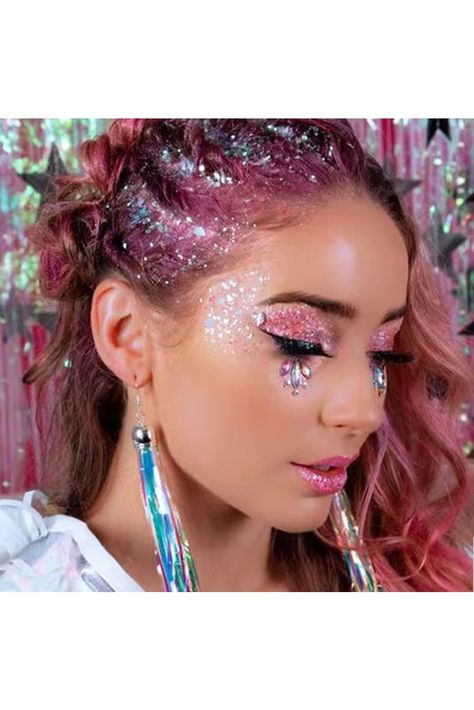 Yeweian White Pink Body Face Glitter Gel, Singer Concerts Music Festival Rave Accessories, Mermaid Liquid Holographic Chunky Glitter, Sparkling Lip Eye Nails Hair Body Glitter Makeup,2PCS Drag Ideas, Make Carnaval, Holographic Hair, Festival Make Up, Festival Makeup Glitter, Concert Hairstyles, Pastel Makeup, Coachella 2019, Bottle Blonde