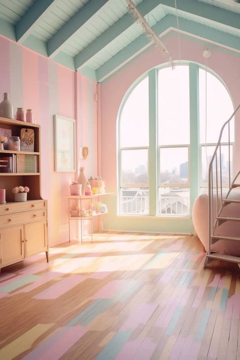 Pastel Colors Scheme, Pastel 80s Aesthetic, Pastel Staircase, Pastel Interior Design Living Room, Pastel Pink Aesthetic Room, Pastel Entryway, Pastel House Exterior, Room Aesthetic Pastel, Pastel Color Room