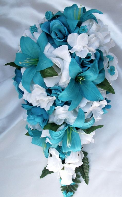 Beautiful Turquoise & White Bouquet Lily Bridal Bouquet, Red Bridal Bouquet, Blue Wedding Bouquet, Blue Wedding Flowers, Turquoise Wedding, Teal Wedding, Bride Bouquets, Bridal Flowers, Wedding Package