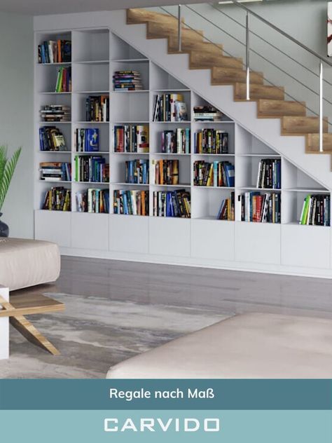 Bookcase Stairs, Stair Bookshelf, Under Stairs Nook, Stair Nook, تحت الدرج, Staircase Storage, Stair Case, Home Library Design, Home Stairs Design