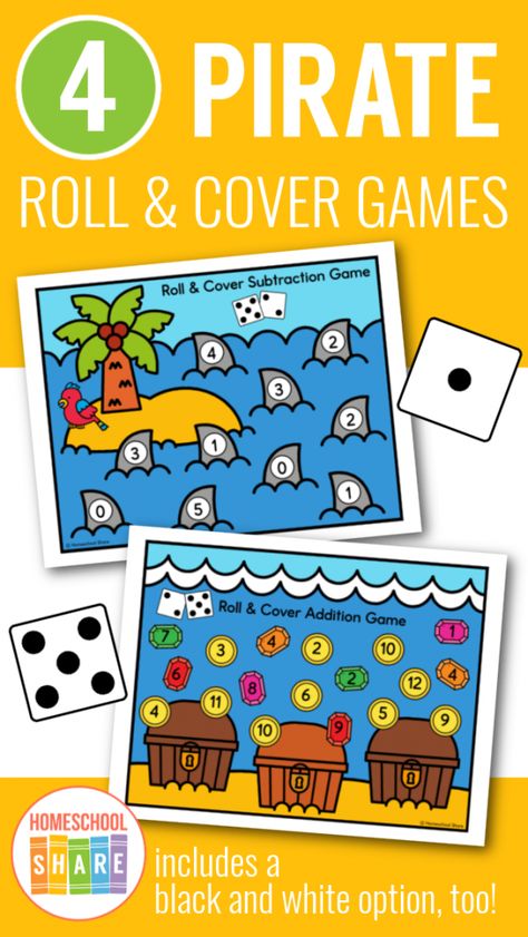 Pirate Roll and Cover Dice Games (free!) - Homeschool Share Roll And Cover Halloween Free, Pirate Dice Game, Pirate Maths Activities, Pirate Themed Math Activities, Pirate Math Worksheets, Pirate Reading Activities, Pirate Maths, Pirate Unit, Roll And Cover