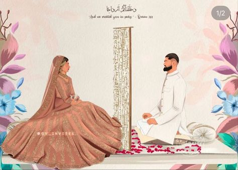 Nikah Illustration Couple, Nikah Couple Illustration, Nikkah Couple Illustration, Muslim Wedding Couple Illustration, Nikah Checklist, Nikkah Illustration, Nikah Illustration, Muslim Wedding Caricature, Haldi Illustration