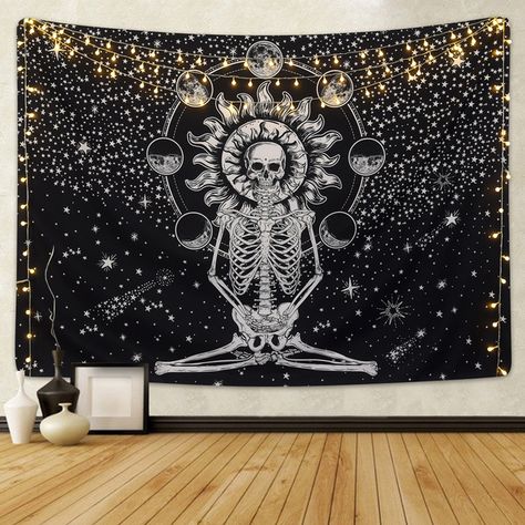 Meditation Skeleton, Chakra Tapestry, Skeleton Tapestry, Skull Tapestry, Sun And Moon Tapestry, Star Tapestry, Den Mrtvých, Moon Tapestry, Black And White Stars