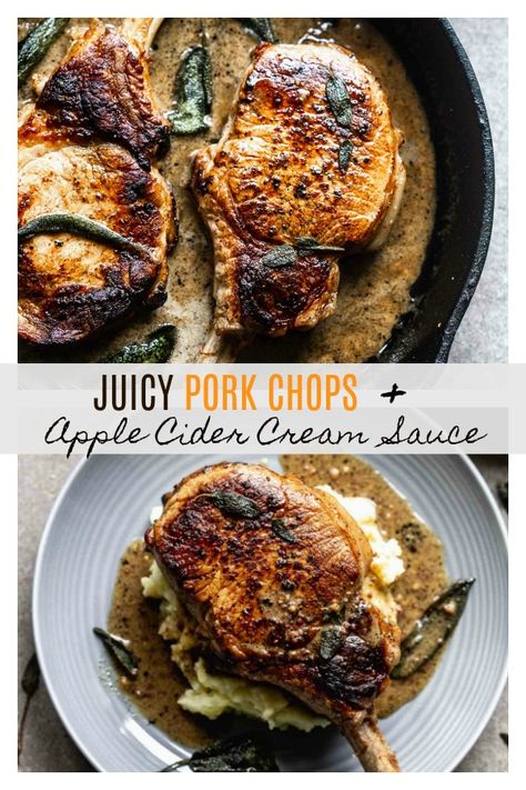 Juicy Pork Chops with Apple Cider Cream Sauce: Easy and so impressive! Pork Chops With Apple Cider, Muscat Grapes, Fried Sage, Pan Seared Pork Chops, Mustard Pork Chops, Pork Sauce, Apple Pork Chops, Juicy Pork Chops, For Keeps