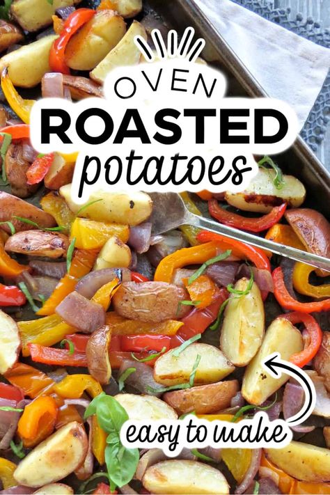 Oven Roasted Potatoes and Peppers - Easy to Make Recipe Roasted Potatoes With Bell Peppers And Onions, Potatos Onions And Peppers Oven, Pepper And Potato Recipe, Roasted Potatoes With Peppers And Onions, Oven Roasted Potatoes And Vegetables, Roasted Peppers And Potatoes, Oven Roasted Potatoes And Peppers, Potato Onion Pepper Recipes, Peppers And Potatoes Recipe