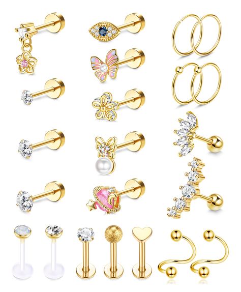 PRICES MAY VARY. 【𝐂𝐚𝐫𝐭𝐢𝐥𝐚𝐠𝐞 𝐄𝐚𝐫𝐫𝐢𝐧𝐠𝐬 𝐟𝐨𝐫 𝐖𝐨𝐦𝐞𝐧】-Our cartilage earrings set includes 22 different styles，including 11 pcs cartilage earrings studs，4 pcs cartilage earrings hoop,2pcs S-Shape helix earrings,5pcs lip rings tragus piercing jewelry.Cartilage earrings in a variety of styles to meet the needs of daily wear, enriching your jewelry options 【𝐒𝐮𝐫𝐠𝐢𝐜𝐚𝐥 𝐒𝐭𝐞𝐞𝐥 𝐅𝐥𝐚𝐭 𝐁𝐚𝐜𝐤 𝐇𝐨𝐨𝐩 𝐄𝐚𝐫𝐫𝐢𝐧𝐠𝐬】- Made of 316L stainless steel and AAA+ grade cubic z Conch Piercing Jewelry, Lip Rings, Belly Button Piercing Jewelry, Tragus Piercing Jewelry, Cool Ear Piercings, Cartilage Earrings Stud, Tragus Conch, Piercings Unique, Tragus Piercing