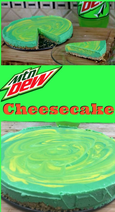 Mt Dew Cake Recipe, Mountain Dew Cheesecake, Mountain Dew Dessert, Mtn Dew Recipes, Mountain Dew Birthday Ideas, Mtn Dew Cake, Mt Dew Recipes, Mountain Dew Recipes, Mt Dew Cake