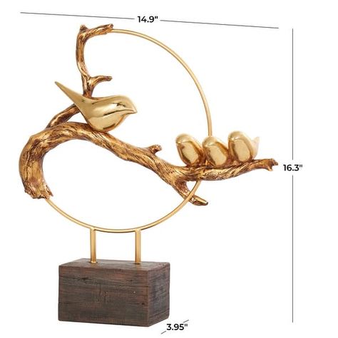 Gold Polystone Family On A Branch Bird Decorative Sculpture with Brown Block Base - Bed Bath & Beyond - 39054078 Couple Sculpture, Family Sculpture, Decorative Sculpture, Elephant Figurines, Animal Statues, Bird Sculpture, Modern Sculpture, Animal Figurines, Conversation Piece