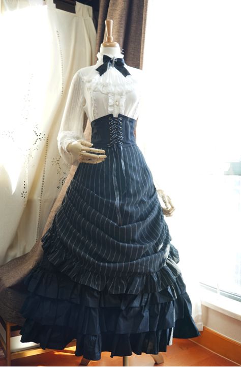 Surface Spell -Gothic Academy- Striped Lolita High Waist Skirt (Long Version),Lolita Dresses, High Waist Long Skirt Outfit, Female Victorian Clothing, Long Victorian Dress, Victorian Era Casual Wear, Lond Skirts, Long Skirt Art Reference, Pretty Victorian Dresses, Victorian Style Dresses Modern, Victorian Clothing Aesthetic