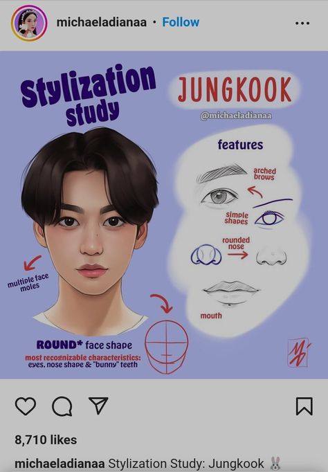 BTS Jungkook stylization, Michaela stylization, K-pop stylisation, BTS stylization, Michaela, michaeladianaa on Instagram, Jungkook art Jungkook Face Study, Michaeladianaa Stylization Study, How To Draw Jungkook, Jungkook Eyes Drawing, Stylization Study, Jungkook Face, Face Proportions Drawing, Jungkook Drawing, Line Art Lesson