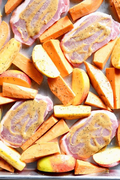 Pork Chops Sweet Potatoes, Pork Chops With Sweet Potatoes, Sheet Pan Pork Chops, Sweet Potatoes And Apples, Pork Ideas, Potatoes And Apples, Sheet Pan Pork, Pan Pork Chops, Dijon Sauce