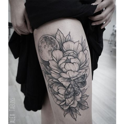 Love the layout/moth placement/detailed lines - Alice Tabuns Alex Tabuns, Full Moon Tattoo, Moth Tattoo, Flower Tattoo Sleeve, Peonies Tattoo, White Tattoo, Flower Tattoo Designs, Nature Tattoos, Moon Tattoo