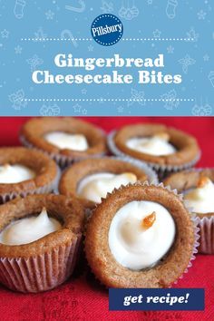 Bring your mini muffin tin to the table for these sweetly decadent Gingerbread Cheesecake Bites. The gingerbread cheesecake crust is made simply with a roll of Pillsbury refrigerated gingerbread cookies and cream cheese fills the center of the dessert. With just 4 ingredients and 4 min of prep, these bites are made fast and will go fast. Mini Gingerbread Cheesecakes, Gingerbread Cookie Dough Recipe, Gingerbread Cookie Cups, Quick Easy Dessert Recipes, Three Ingredient Cookies, Pillsbury Cookie Dough, Brown Sugar Cookie Recipe, Slab Pies, The Best Dessert Recipes