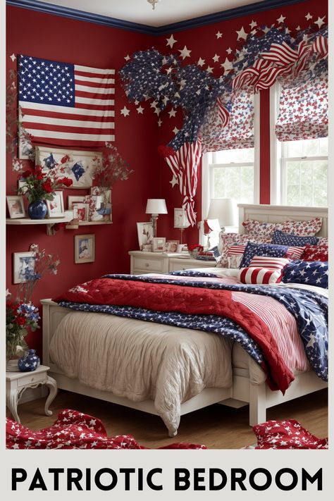 Step into a star-spangled bedroom oasis adorned with breathtaking Patriotic wall decor. The walls, painted in a royal shade of red, create a striking backdrop for American flags and star-studded garlands. The serene, white wooden bed is draped in luxuriously soft, cozy bedding, with navy blue and red blankets and patriotic-themed pillows. Gossamer curtains with star prints dance with the light from the sun-kissed windows. Gossamer Curtains, Red White Blue Bedroom, Patriotic Bedroom Ideas, Patriotic Bedroom Decor, American Flag Bedroom, Red White And Blue Bedroom, Americana Interior Design, Primitive Country Bedrooms, Americana Bedroom