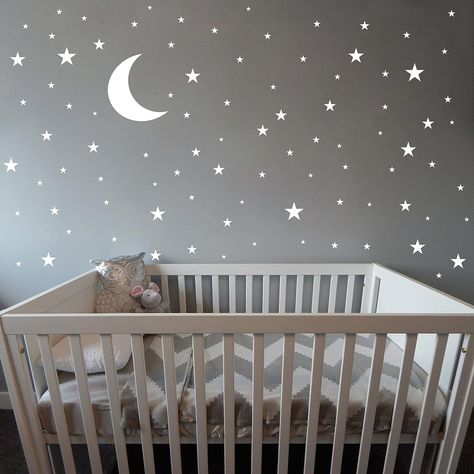 PRICES MAY VARY. Package include: 1 pcs moon decal wall sticker and 176 pcs stars decal wall sticker. Moon Size: 7.9 x 10.6 INCH (20 x 27 cm). The size of the stars varies from 2cm to 8cm. Color: white. Great quality vinyl material, environment friendly babies and kids room wall decals. Easy to apply and can be cleanly removed without damaging your walls. Sticker wall decor applied to any smooth, clean and dry surface of walls, car, tiles, glass, furniture, air-condition, not suitable for a dirt Dark Theme Nursery, Star Moon Nursery Theme, Subtle Harry Potter Nursery Ideas, Cloud Moon Stars Nursery, To The Moon And Back Nursery, Goodnight Moon Nursery, Celestial Baby Nursery, Moon And Stars Nursery Girl, Galaxy Baby Nursery