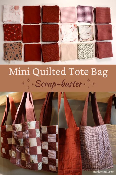 easy quilt block forms three mini tote bags Scrappy Bag Patterns, Fabric Stash Buster Projects, Scrap Busting Sewing Projects, Scrap Fabric Sewing Projects, Quilted Bag Diy, Scrap Buster Sewing Projects, Fabric Stash Buster, Easy Quilt Blocks, Embroidery Mending