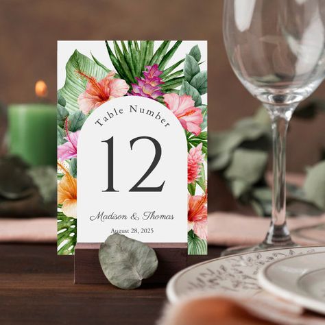 Lush Tropical Watercolor Floral Table Number Tropical Wedding Table, Ginger Flowers, Tropical Theme Party, Floral Table Numbers, Colorful Wedding Flowers, Hand Painted Table, Luau Wedding, Tropical Watercolor, Wedding Table Number Cards