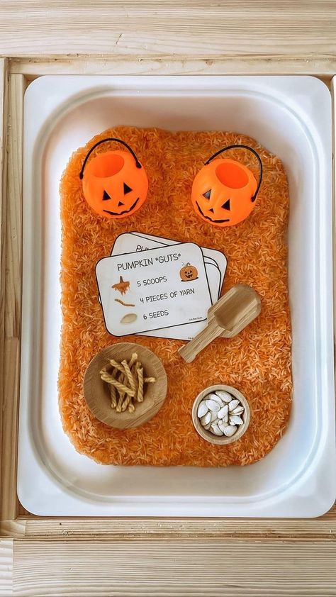 Kenzie Renea - my mom goals this season include fall... Orange Rice Sensory Bin, Laminated Learning Activities, Fall Edible Sensory Bin, Daycare Sensory Bins, Sensory Table Halloween, Toddler September Themes, Sensory Bin Halloween, Yarn Sensory Bin, Pumpkin Sensory Table