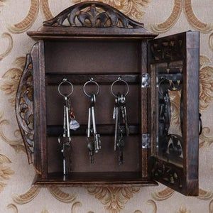 Functional Wooden Objects, Whimsigoth Home Decor, Key Hanger Ideas, Antique House Decor, Unique Wall Decor Ideas, Printer Drawer, Key Storage Box, Key Cabinet, Wooden Key Holder