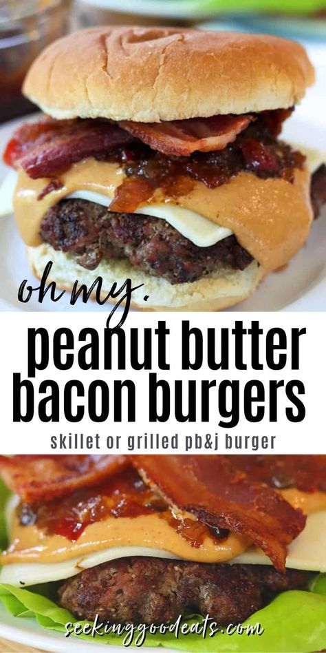 Peanut Butter Burgers with bacon are a juicy and delicious burger recipe. 🙂 Juicy burgers, bacon, melty peanut butter, jack cheese, and a sweet 'n spicy pepper relish. A bit like a peanut butter and jelly burger! So GOOD. Don't have a grill? Make these a skillet recipe too! Serve on lettuce for a healthy burger recipe that is low carb, gluten-free, and keto recipe. The perfect grilling recipe for your next backyard BBQ or cookout. Jelly Burger, Peanut Butter Burger, Bacon Burger Recipes, Unique Burger Recipes, Butter Burger, Healthy Burger Recipes, Delicious Burger Recipes, Sweet Pepper Recipes, Butter Burgers