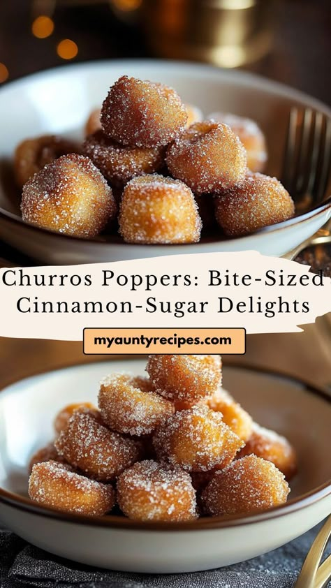 Enjoy mini churros in the form of bite-sized poppers, coated in cinnamon sugar for the perfect sweet treat. Crispy and fluffy, these poppers are an ideal snack or dessert for kids and adults alike. Simple to make, and absolutely irresistible! Unique Easy Dessert Recipes, Churro Balls Recipe, Easy Munchie Recipes, Mini Desserts Easy Quick, Desert Finger Foods, Mini Baked Goods, Bite Size Desserts For A Crowd, Fast Sweet Snacks, Easy Munchies Snacks