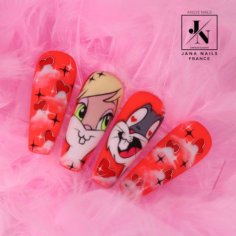 Bugs Bunny Valentine Nails, Bugs Bunny Nail Art, Bugs Bunny Nails, Animation Nails, Box Bunny, Bunny Valentines, 2023 Nails, Bunny Nails, Pretty Nail Art Designs