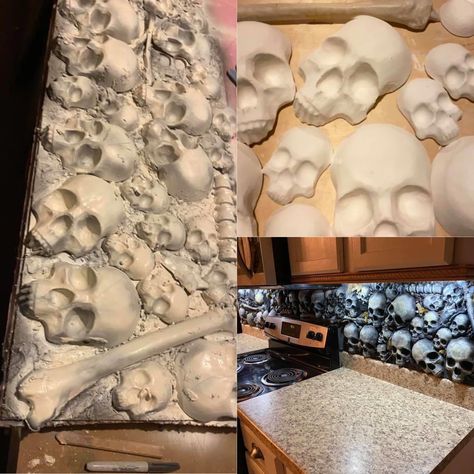 Skull Backsplash Kitchen, Halloween Backsplash, Mobile Home Upgrades, Kitchen Halloween, Indoor Ideas, Gym Art, Backsplash Kitchen, Cute Kitchen, Home Upgrades