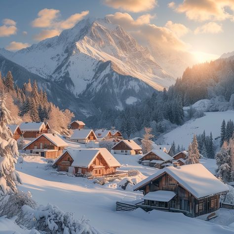 Winter Mountain Retreat: A tranquil mountain village blanketed in snow, bathed in the warm glow of the sunrise. #snow #mountains #sunrise #village #winter #aiart #aiphoto #stockcake ⬇️ Download and 📝 Prompt 👉 https://ayr.app/l/Sppf Minecraft Mountain, Mountains In Winter, Design Effects, Mountains Sunrise, Ski Village, Snow Mountains, Cabin House, Winter Village, Village Photography